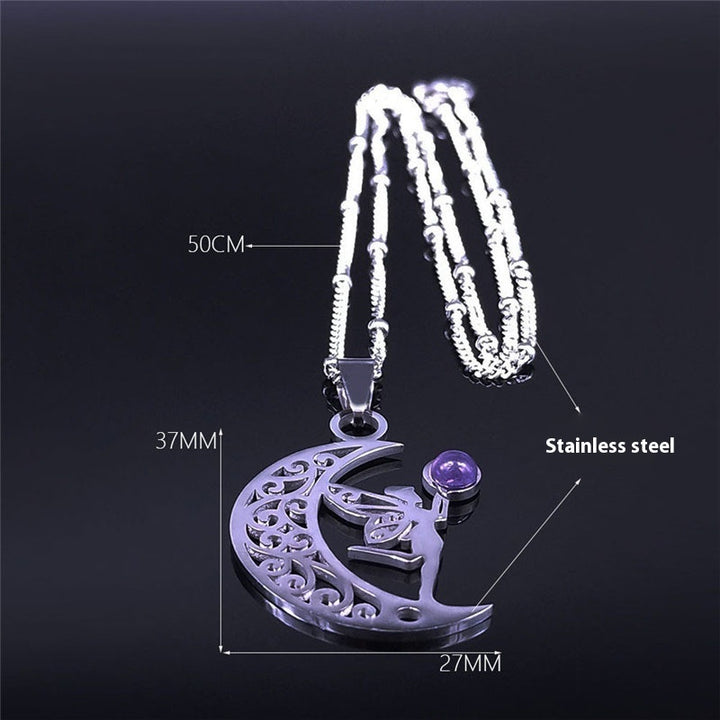 Supplier dimensions: 50 cm chain and approximately 37 by 27 mm crescent moon and fairy pendant