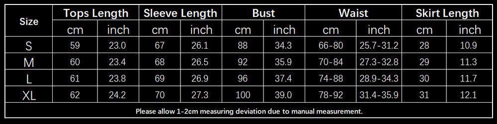 Supplier garment size chart for the black top and skirt set