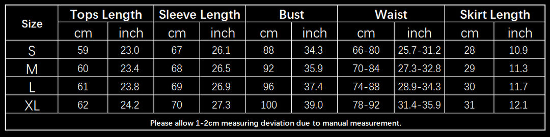Supplier garment size chart for the black top and skirt set