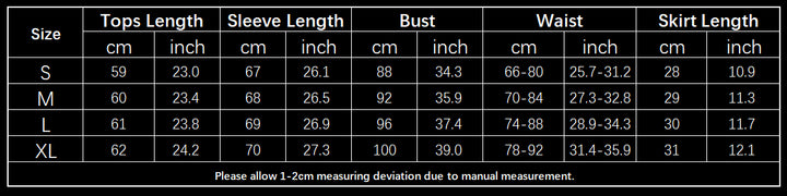 Supplier garment size chart for the black top and skirt set