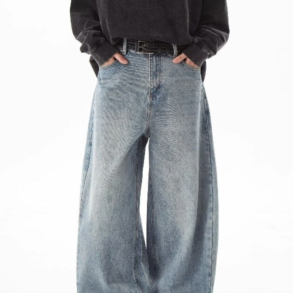 Washed blue high-waist loose straight jeans, Blue colourway. Supplier product photograph.
