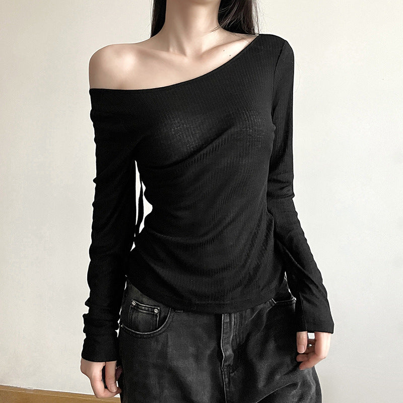 Asymmetric Long-Sleeve Fitted Top — Black