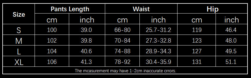 Supplier size chart for Loose Camouflage Cargo Trousers