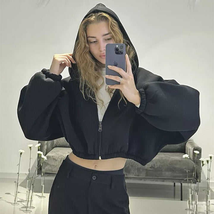 Black Cropped Zip Hoodie – Black