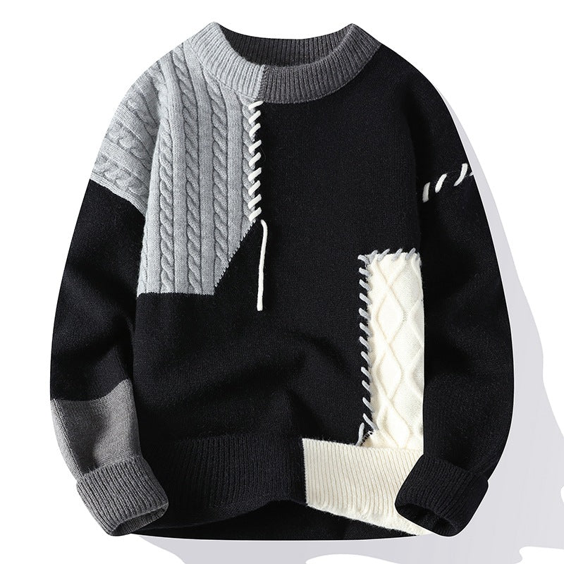 Gray and Black Patchwork Knit Pullover — Gray