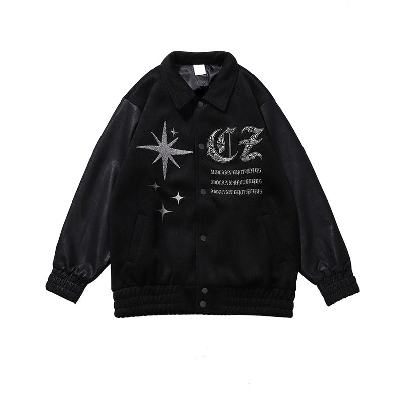 Black Letter-Embroidered Baseball Jacket