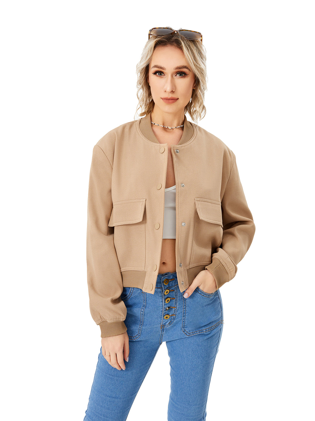 Khaki Cropped Bomber Jacket with Flap Pockets
