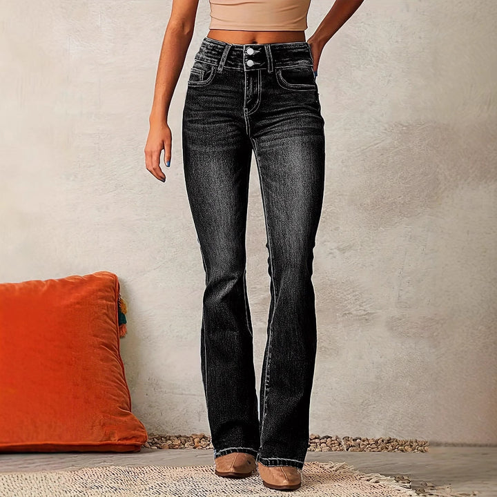 Black Flared Jeans with Button Waist – Black