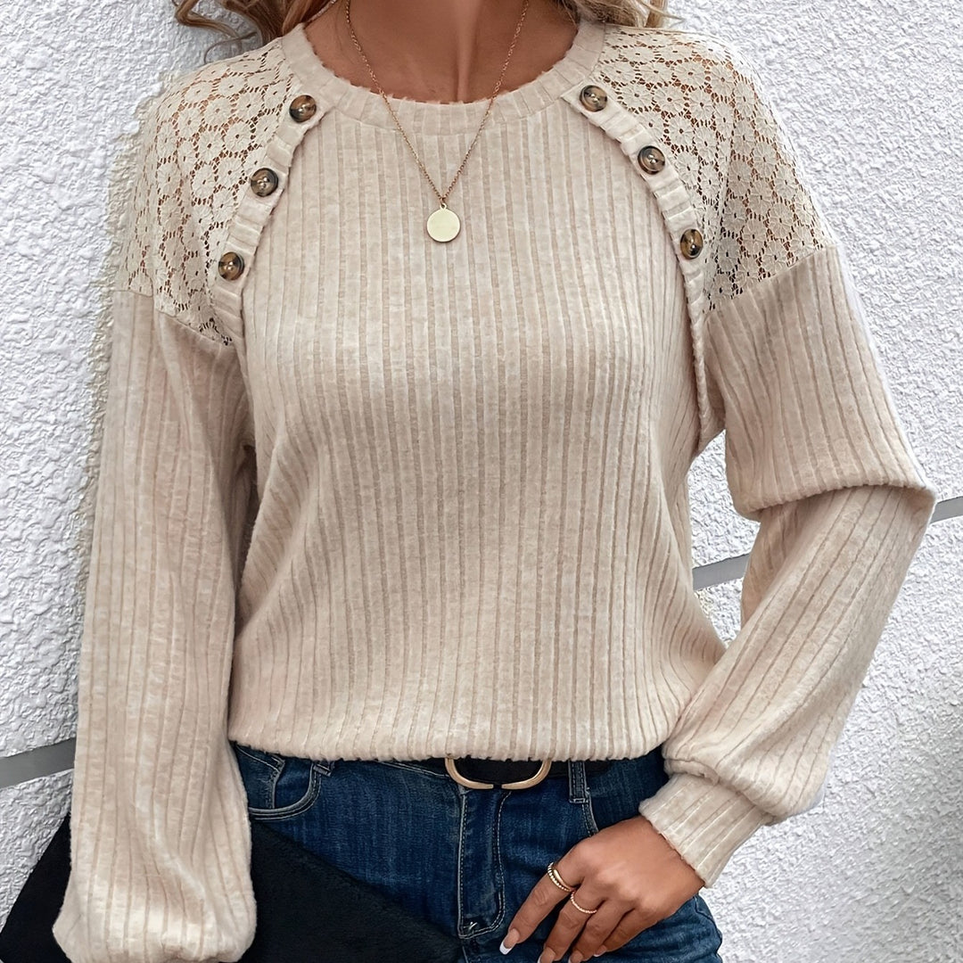 Apricot Ribbed Top with Lace Shoulders – Apricot