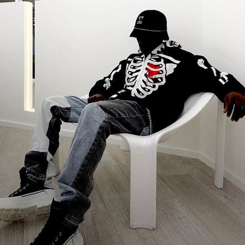 Black Skeleton-Pattern Crew-Neck Sweater