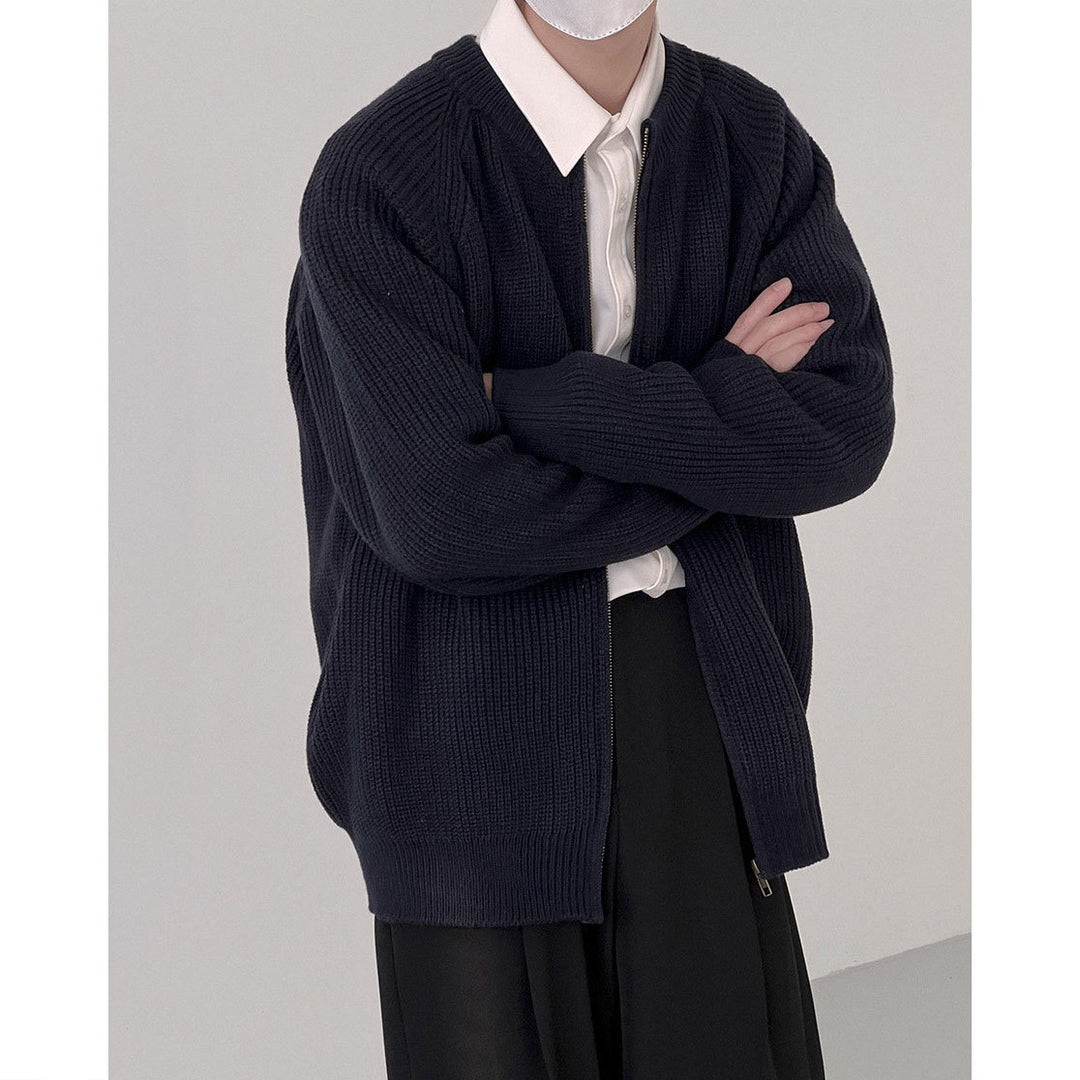 Dark Blue Ribbed Zip Cardigan — Dark Blue
