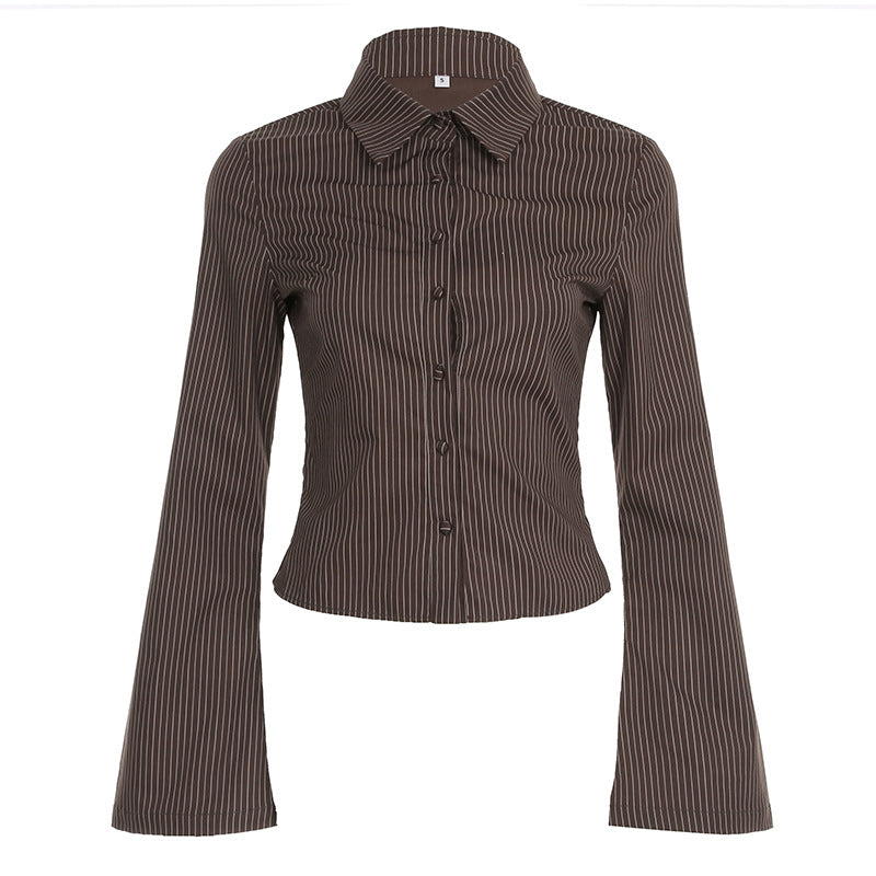 Brown pinstripe button-front bell-sleeve top – Brown