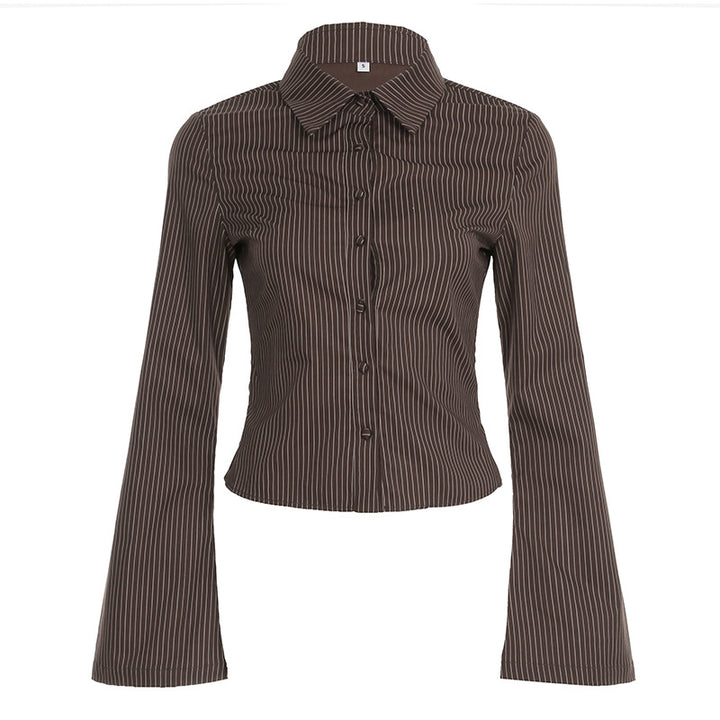 Brown pinstripe button-front bell-sleeve top – Brown