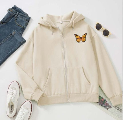 Apricot Butterfly-Print Zip Hoodie