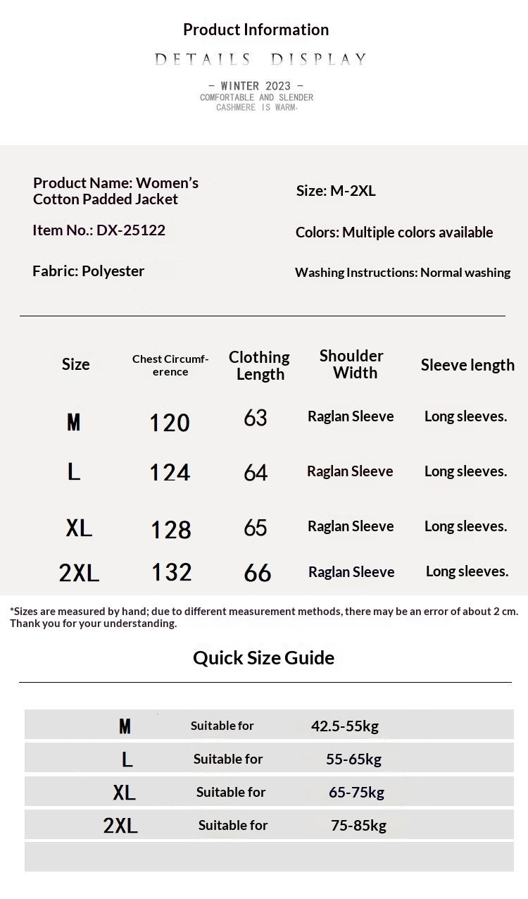 Supplier size chart – Black padded jacket with plush collar