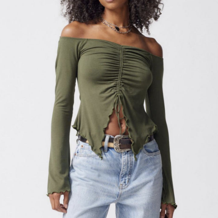 Army-green ruched off-shoulder long-sleeve top – Army green