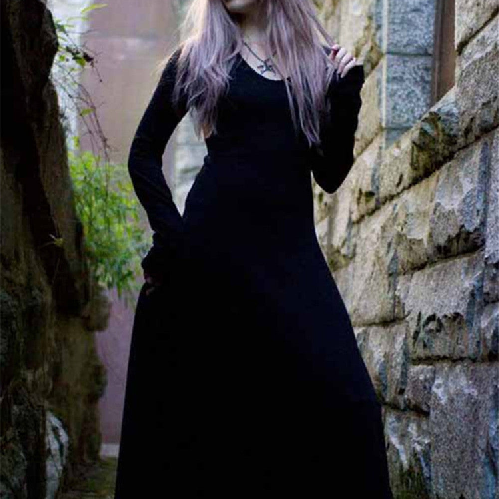 Black Gothic Long-Sleeve Maxi Dress — Black