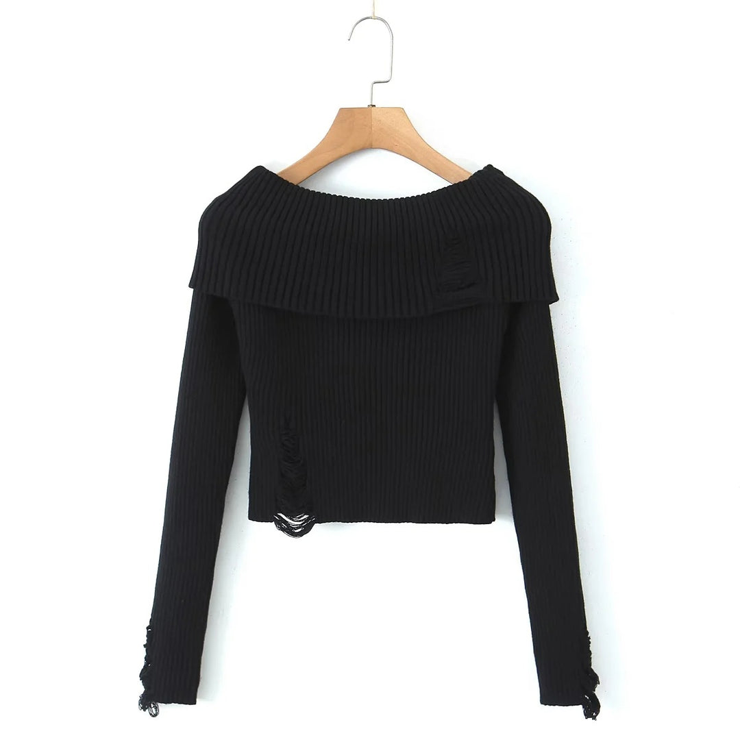 Black Distressed Off-Shoulder Ribbed Sweater — Black