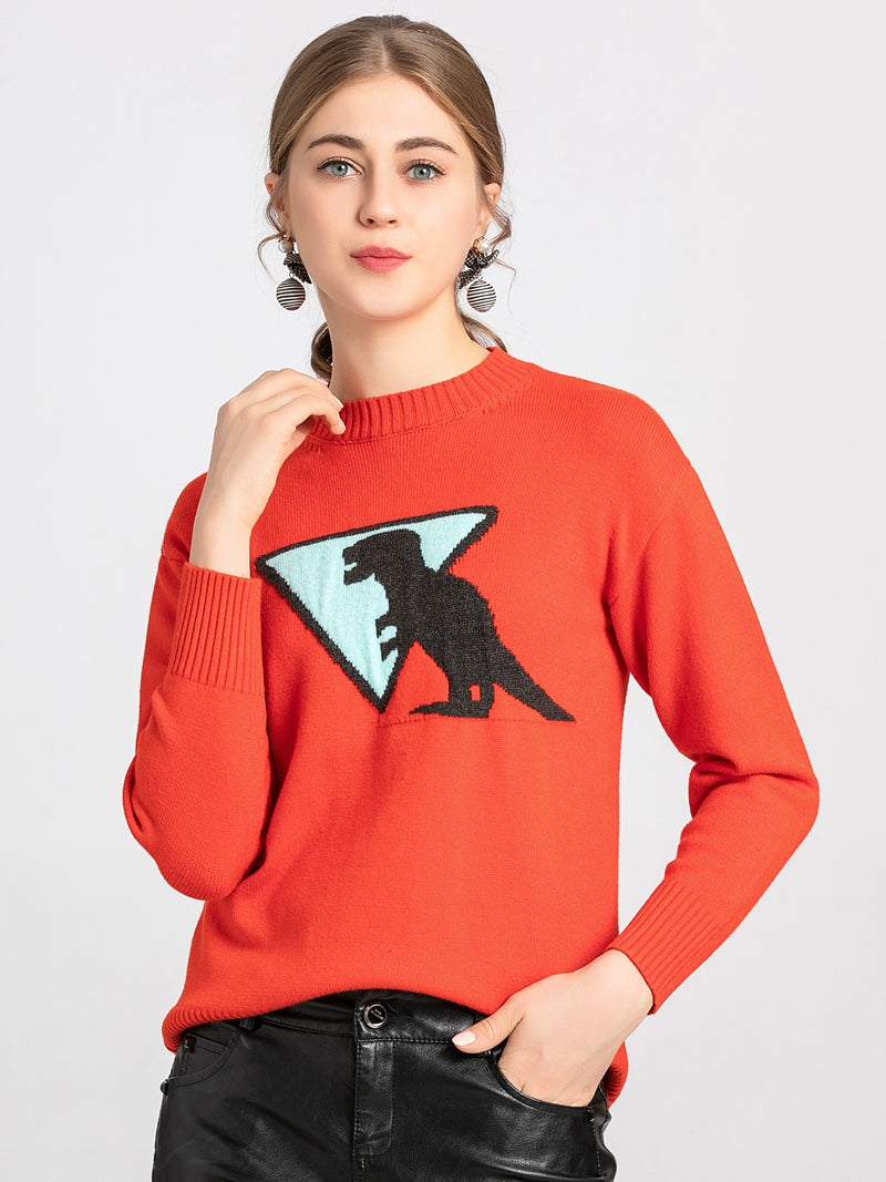 Orange Dinosaur-Motif Crew-Neck Sweater — Orange