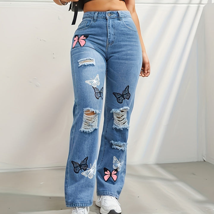Blue butterfly-print distressed straight-leg jeans – Blue
