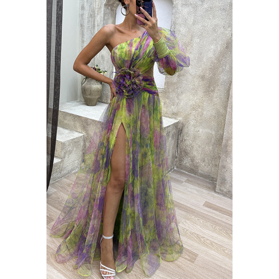 Green printed one-shoulder slit maxi dress – Green