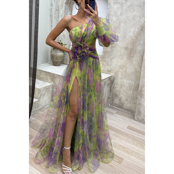 Green printed one-shoulder slit maxi dress – Green