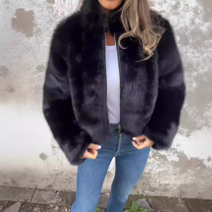 Black plush zip-front stand-collar jacket – Black