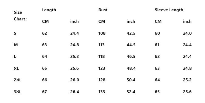 Supplier size chart – Black plush zip-front stand-collar jacket