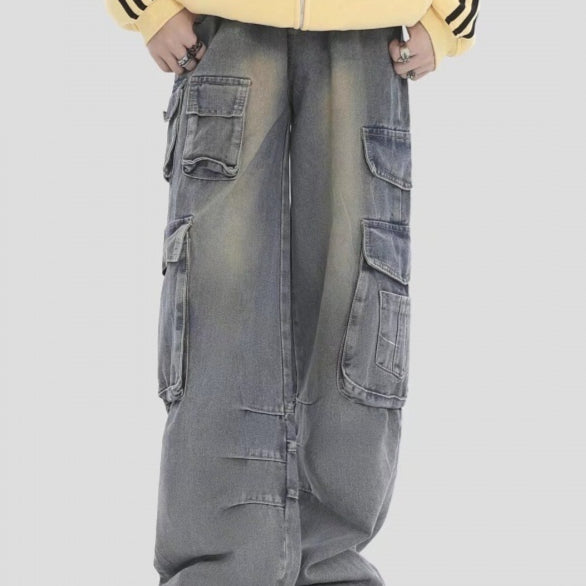 Blue Multi-Pocket Cargo Jeans — Blue