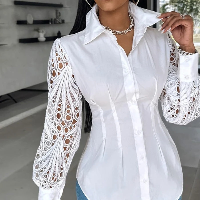White Lace-Sleeve Shirt — White