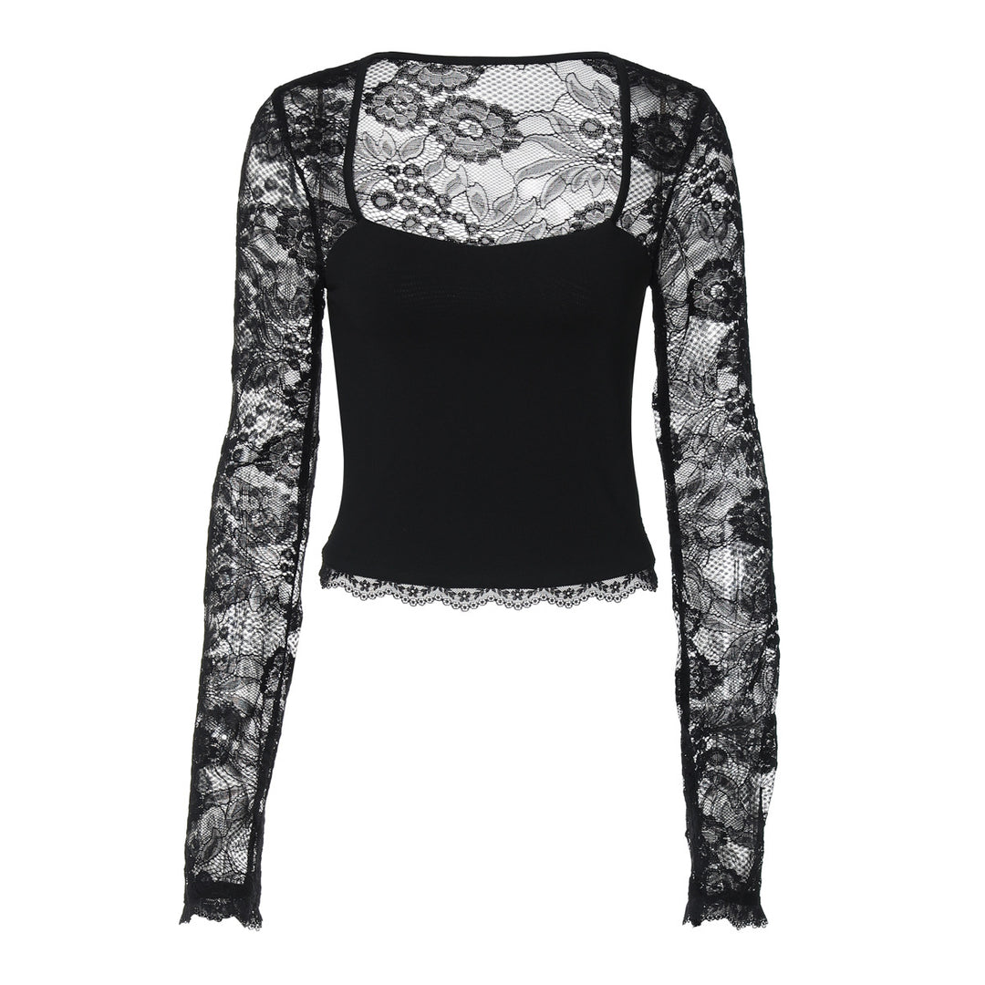 Black Lace-Sleeve Fitted Crop Top — Black