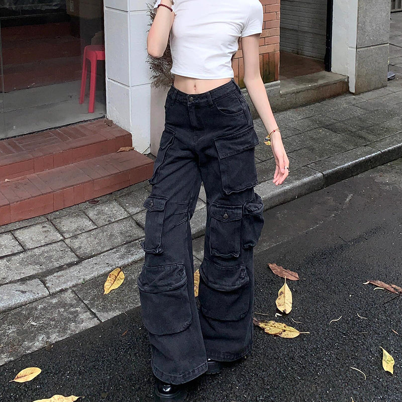Black Multi-Pocket Cargo Jeans — Black