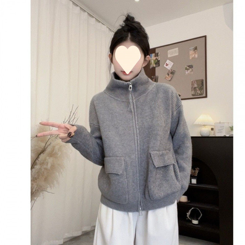 Grey Ribbed Double-Zip Cardigan — Gray