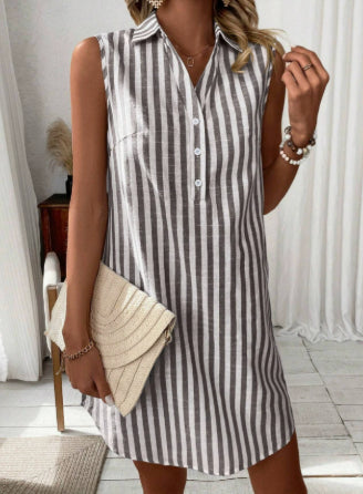 Black Striped Sleeveless Shirt Dress — Black