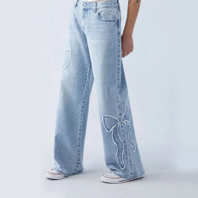 Light Blue Bow-Detail Wide-Leg Jeans — Light Blue