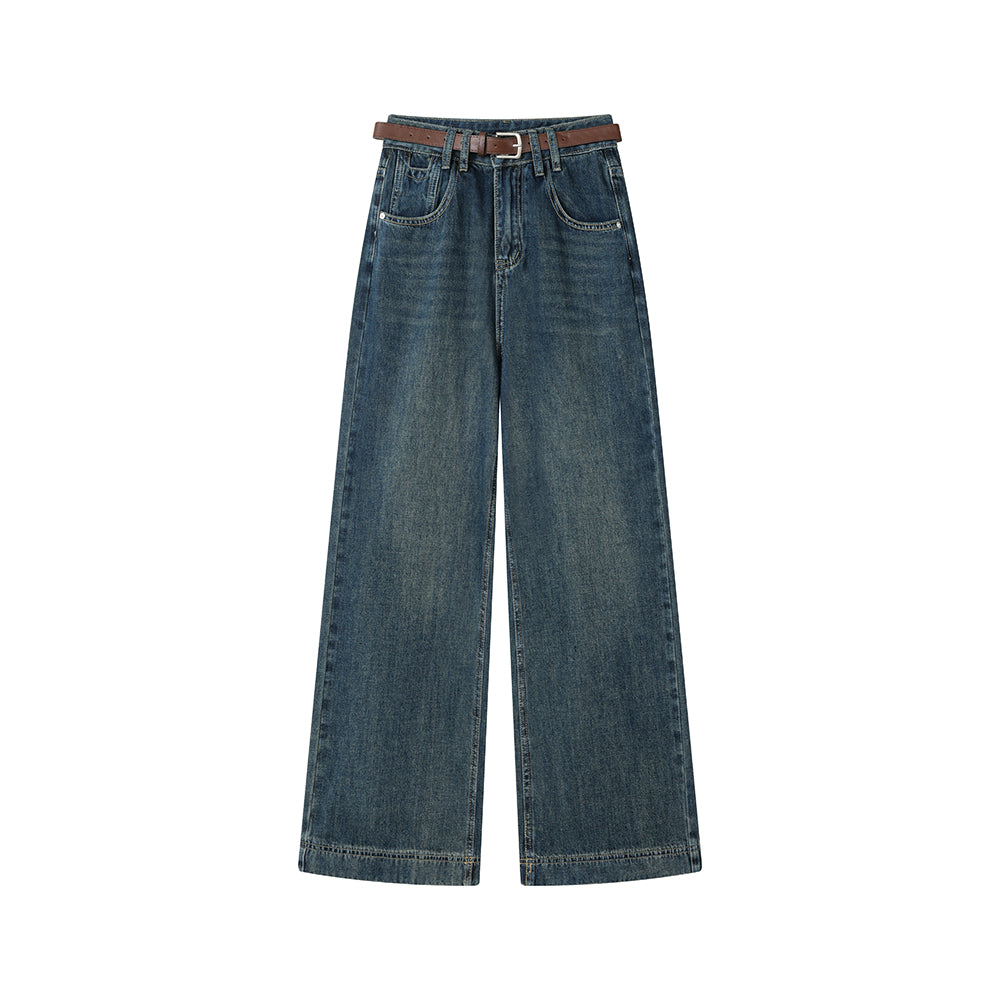 Dark Blue Wide-Leg Jeans with Belt — Blue With Belt