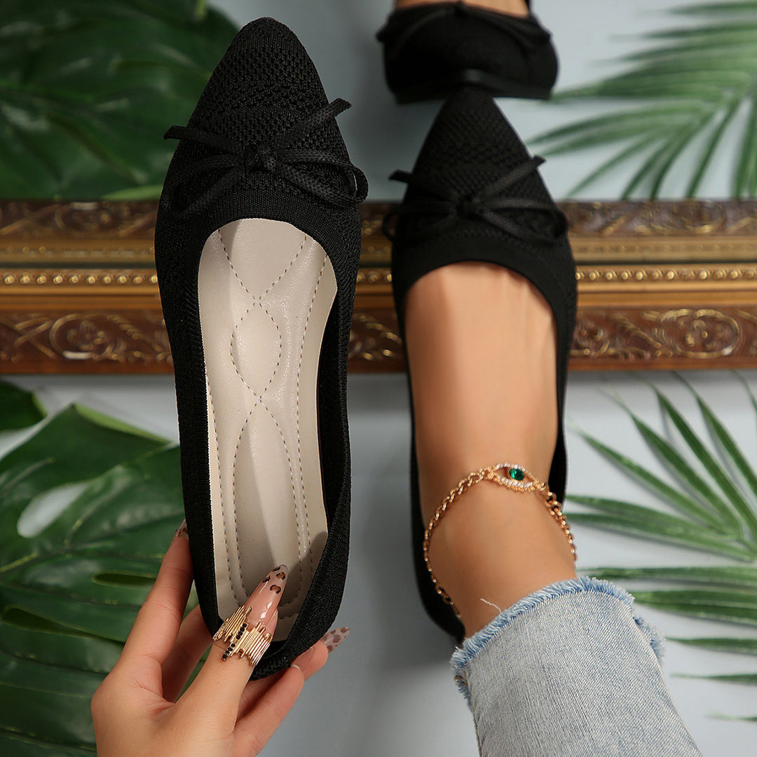 Black Bow-Detail Knit Flats — Black