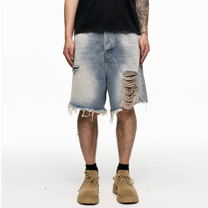 Distressed Wide-Leg Denim Bermuda Shorts