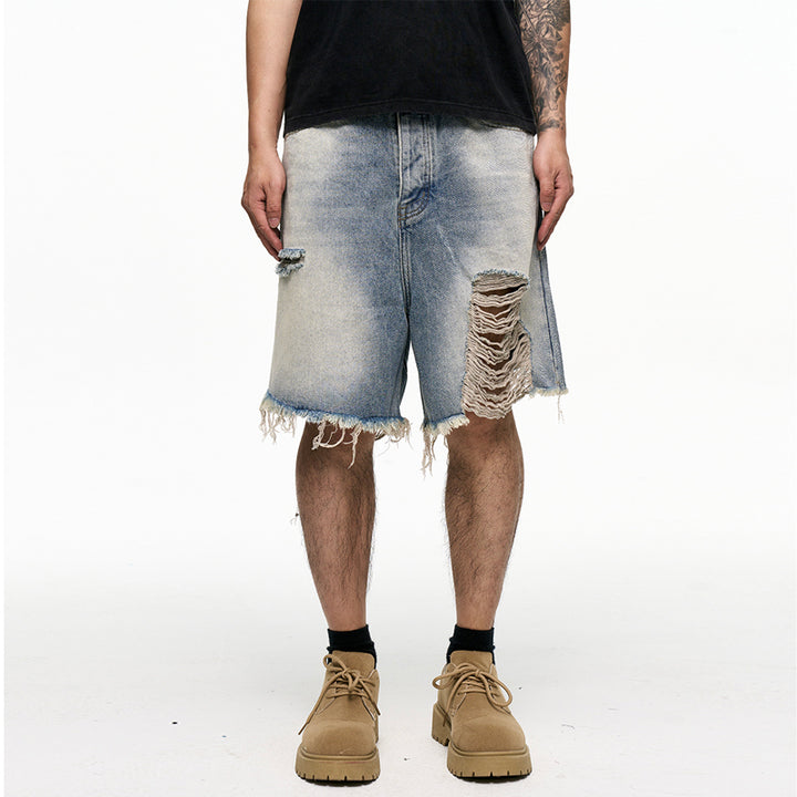 Distressed Wide-Leg Denim Bermuda Shorts