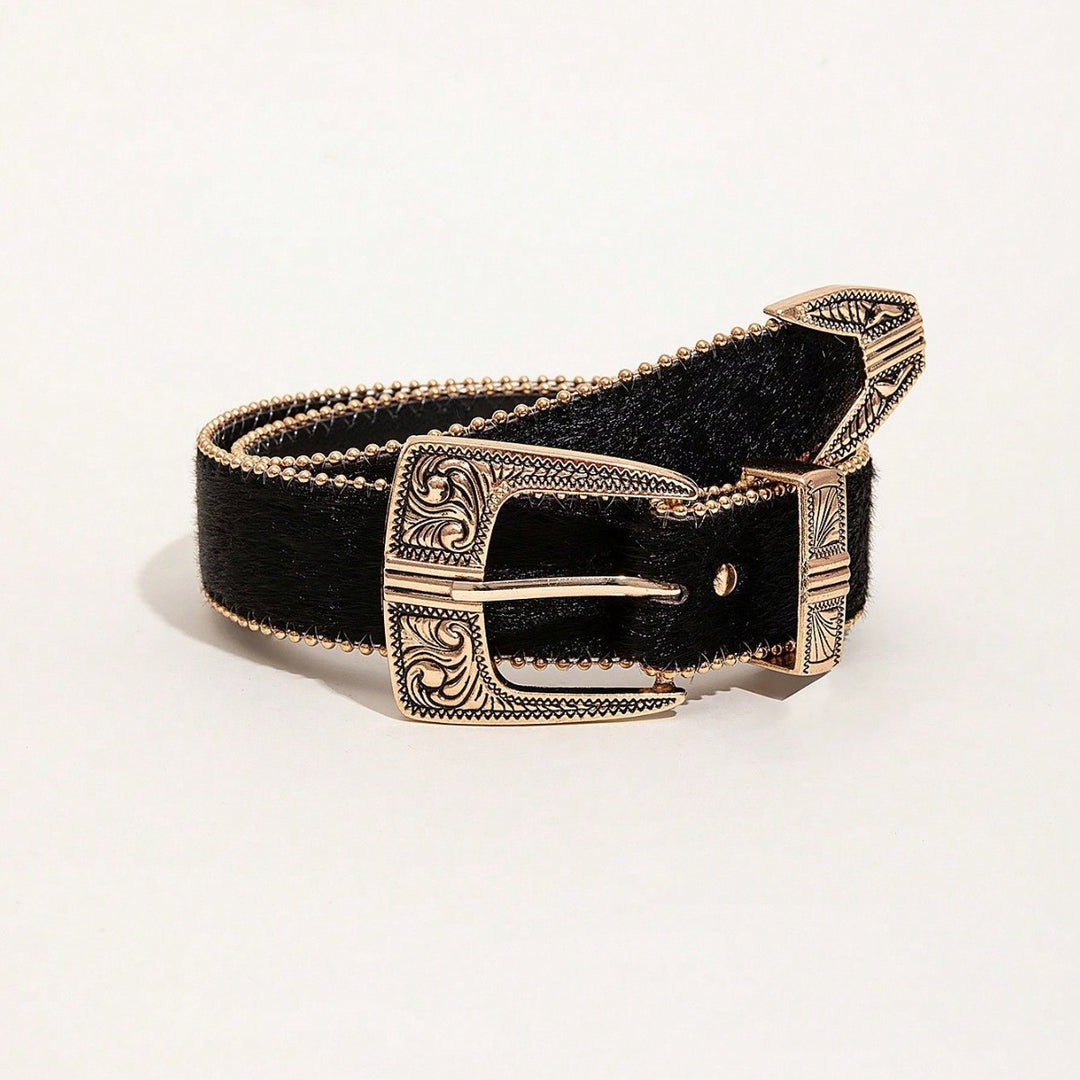 Black Western-Style Decorative Buckle Belt