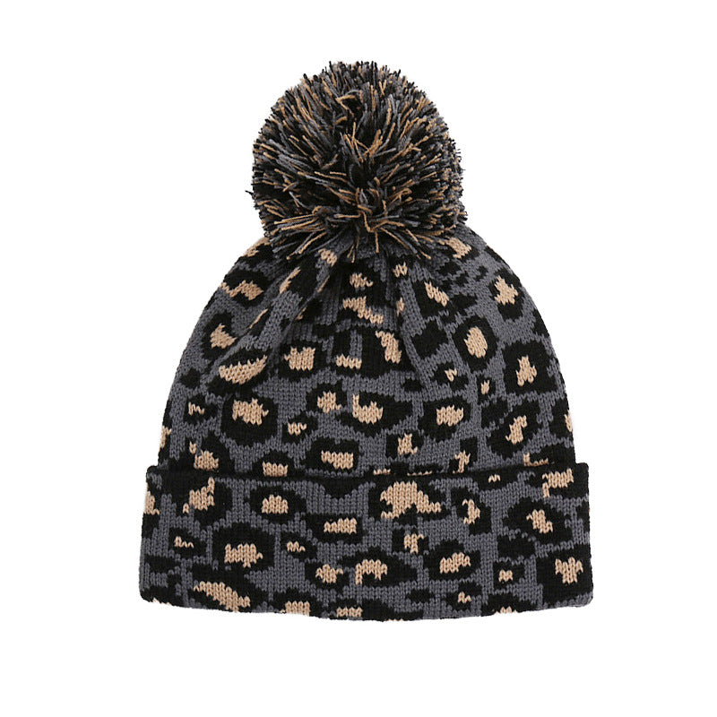 Dark Grey Leopard Pom-Pom Beanie — Dark grey
