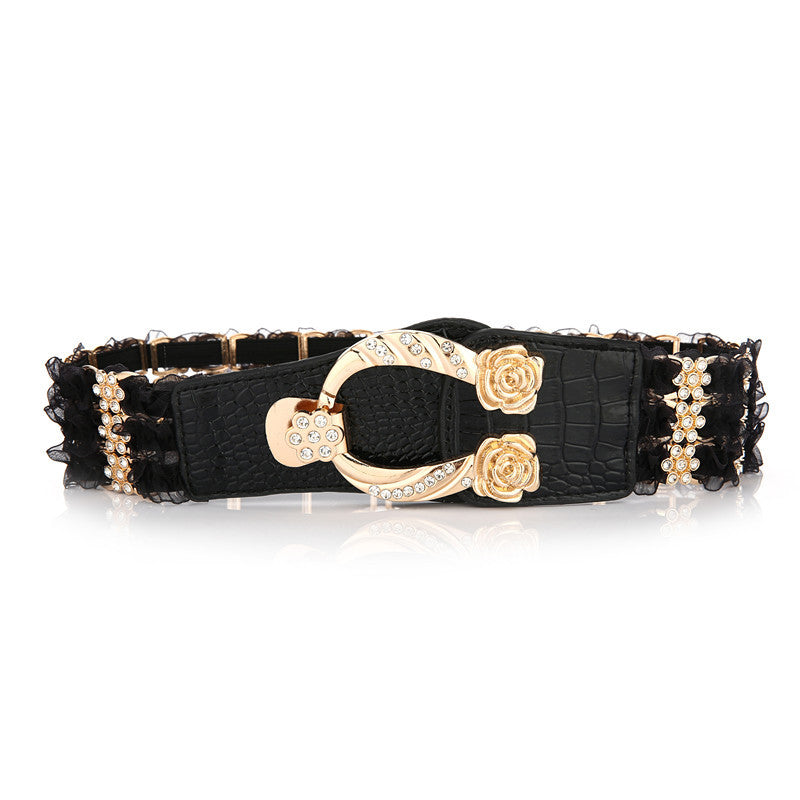 Black Embellished Elastic Waist Belt — Black