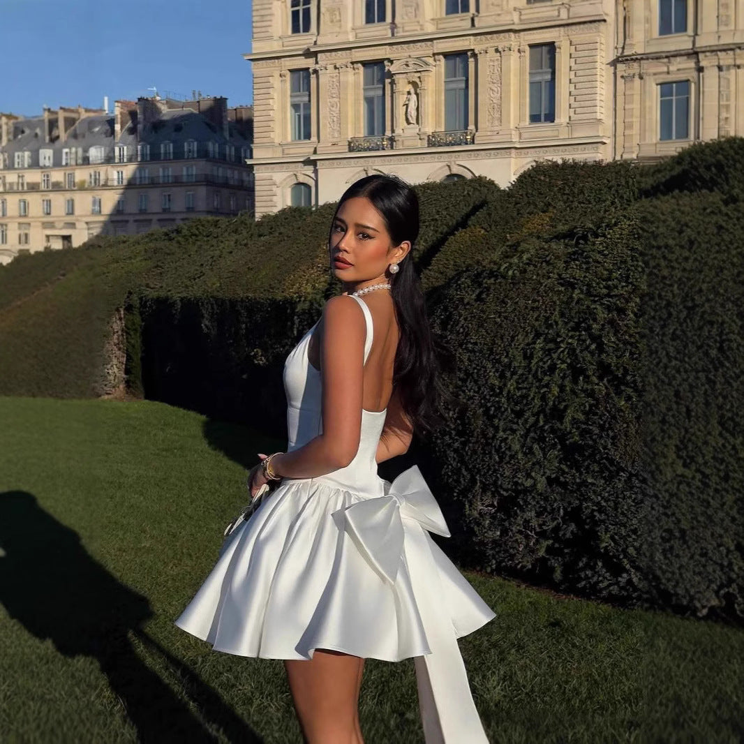 White Open-Back Bow Mini Dress