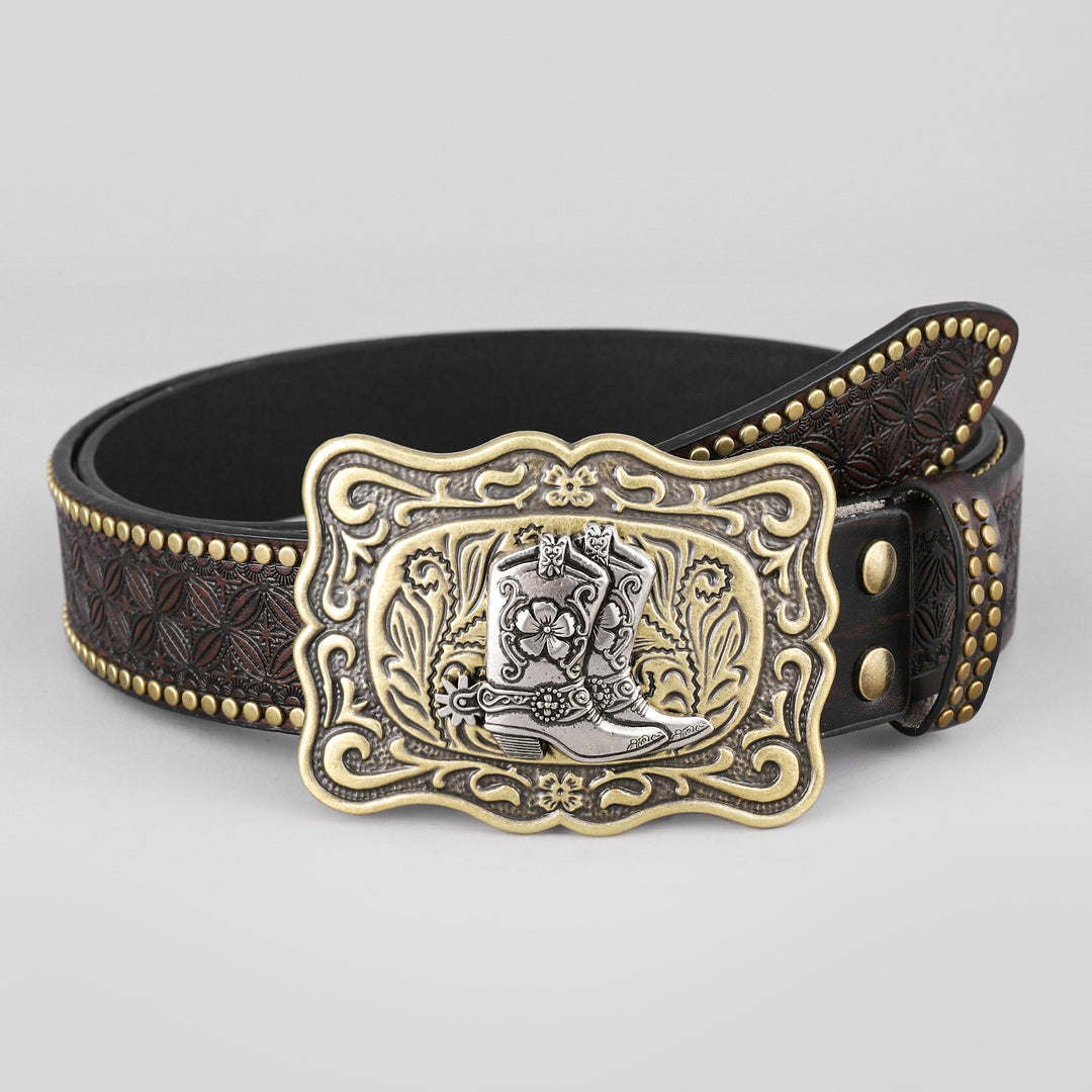 Dark Western Belt with Cowboy Boot Buckle — NZ0045