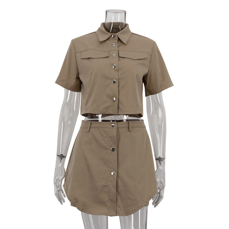 Khaki Cropped Shirt and Mini Skirt Set — Khaki