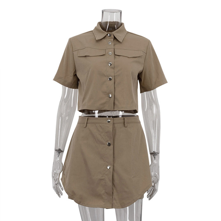 Khaki Cropped Shirt and Mini Skirt Set — Khaki