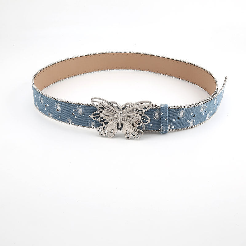 Denim-Effect Butterfly Buckle Belt — Butterfly Clasp