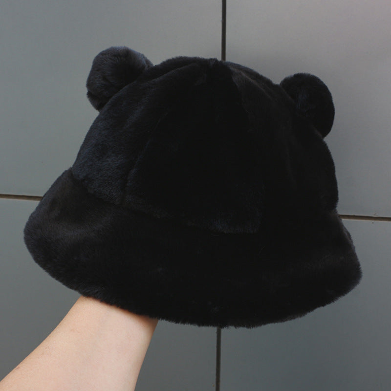 Black Plush Bucket Hat with Rounded Ears — Black