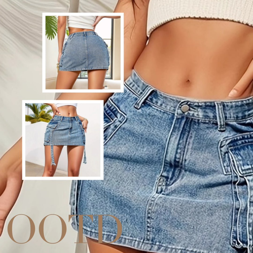 Blue denim cargo mini skirt with side flap pockets and long hanging straps, shown front and back.
