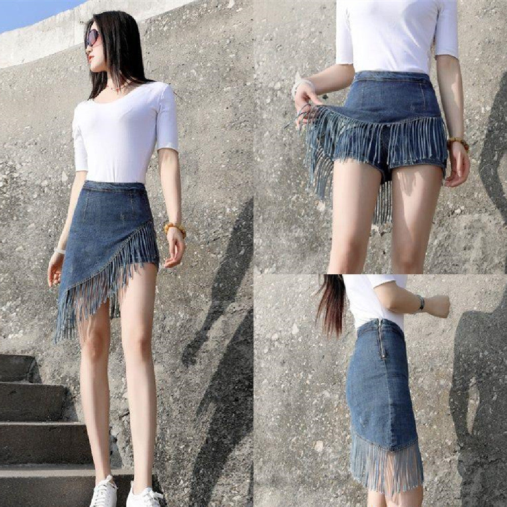 Blue denim mini skirt with diagonal fringed overlay, shown from front and side with inner shorts layer.